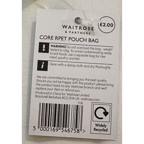 Waitrose & Partner Green Core RPET 8kg Bag Reusable Shopping Tote Bag Genuine UK - Picture 5 of 12